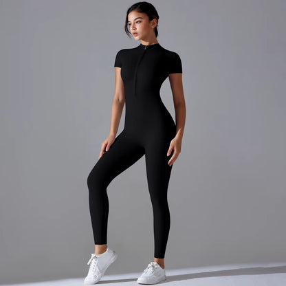 Yoga Set Women'S Jumpsuits One-Piece Suit Zipper Short Sleeve Gym Push up Workout Clothes Fitness Bodysuit Sportswear Tracksuit