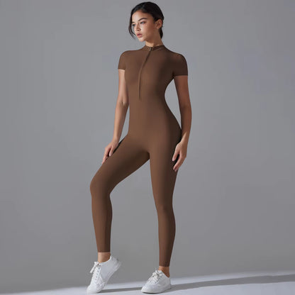 Yoga Set Women'S Jumpsuits One-Piece Suit Zipper Short Sleeve Gym Push up Workout Clothes Fitness Bodysuit Sportswear Tracksuit