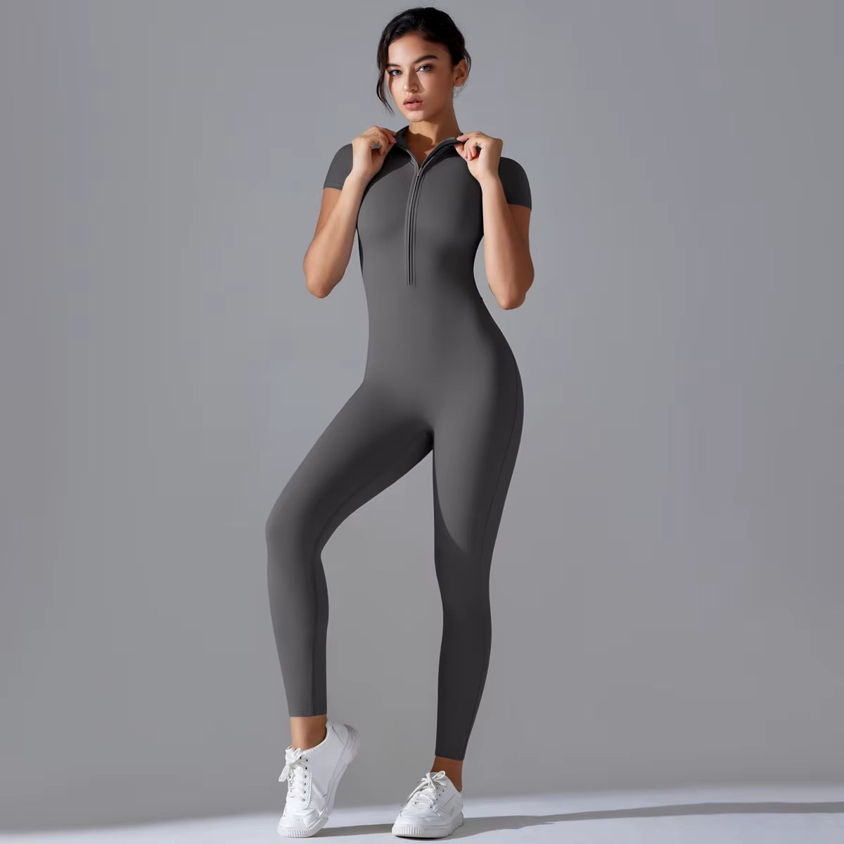 Yoga Set Women'S Jumpsuits One-Piece Suit Zipper Short Sleeve Gym Push up Workout Clothes Fitness Bodysuit Sportswear Tracksuit